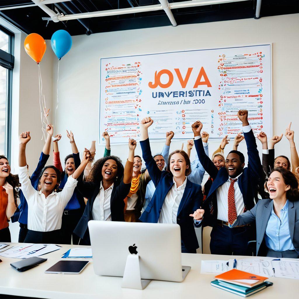 A bright and inspiring scene featuring diverse professionals cheering and celebrating in a modern office environment, with the University of Virginia logo subtly displayed in the background. Include elements like job listings and growth charts to illustrate career opportunities, surrounded by vibrant decorations that symbolize joy and success. super-realistic. vibrant colors. dynamic composition.