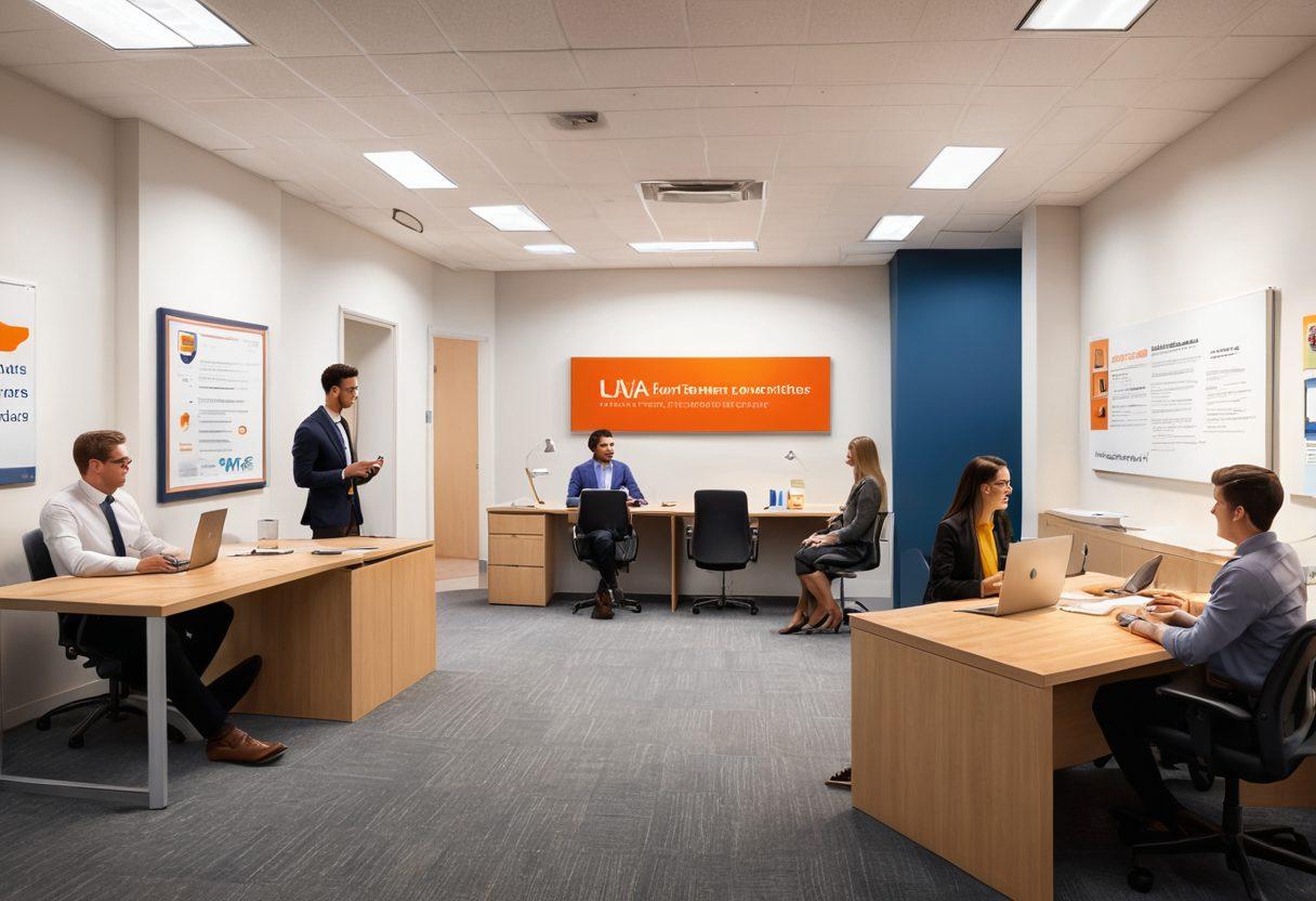 A dynamic scene featuring a diverse group of young professionals and students engaging with UVA Career Services representatives in a modern office setting. Highlight elements like resume reviews, mock interviews, and career workshops, incorporating motivational quotes on the walls. Incorporate a bright and inspiring atmosphere with warm lighting and UVA branding colors. super-realistic. vibrant colors. 3D.